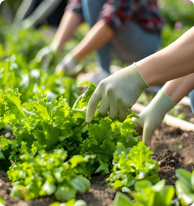 Students and farmers harvesting fresh vegetables